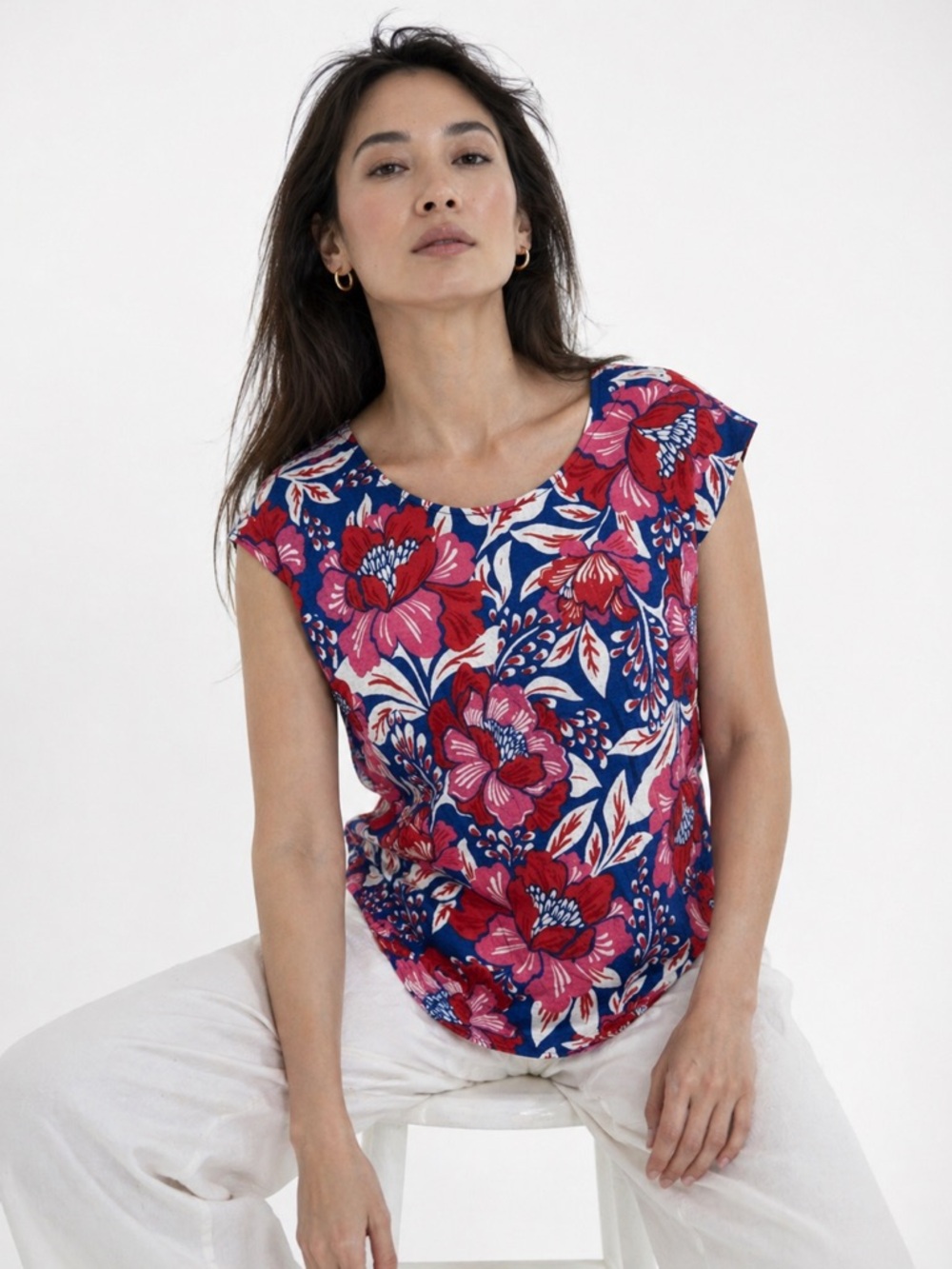 Sigrid Olsen 100% Linen Sleeveless Top Medium Blue Pink Red Floral Print